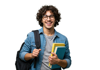 a happy young male student with holds a stack of books in his arms isolated on transparent backgroun