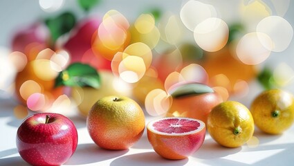 Poster - colorful arrangement of fresh fruits with vibrant bokeh effect on soft background