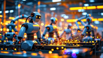 Poster - Robots perform industrial tasks in a high-tech manufacturing facility during the evening shift