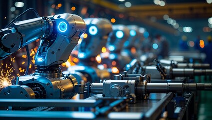 Poster - advanced robotic arms automate manufacturing process in a high-tech factory environment at night