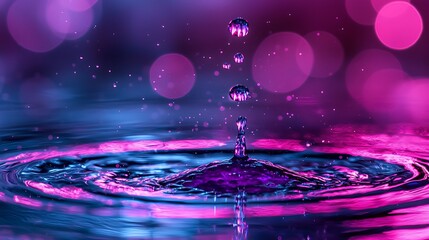 Fototapete - Water droplets falling into water with purple and blue bokeh background