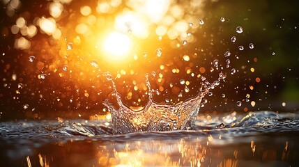 Fototapete - Water splash creating a crown-like shape with sunlit backdrop during daytime
