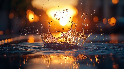Fototapete - Water splash crown forming after droplet impact on liquid surface, bokeh sunset background
