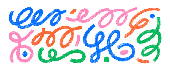 Fototapete - Colorful naive funky squiggles and doodle wavy lines collection. Crayon drawn spirals and swirls for collages.