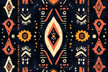 Poster - Seamless ethnic pattern combining geometric shapes and tribal motifs on dark background