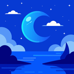 a stunning blue fantasy background featuring a glowing moon and twinkling stars reflecting over sere