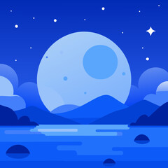 a stunning blue fantasy background featuring a glowing moon and twinkling stars reflecting over sere