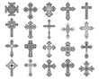 © Elegant Solution - Catholic cross vector icon set. Religious christian symbol. Faith collection of crucifix or holy emblem, spiritual sign for devotion and prayer, worship. Sacred decoration for church and theology.