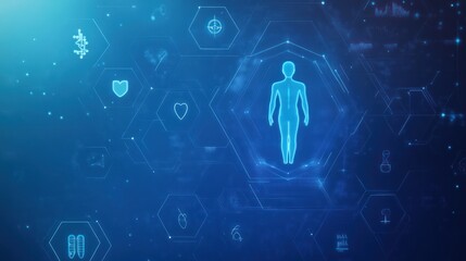 Poster - Abstract medical infographic, human figure, health icons, futuristic technology