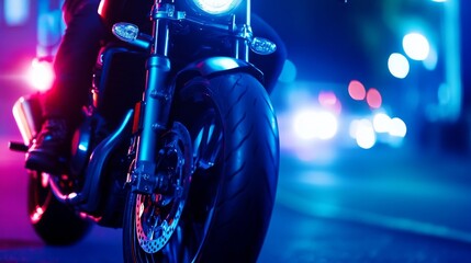Wall Mural - Nighttime motorcycle ride on a city street, illuminated by colorful light and blurred traffic