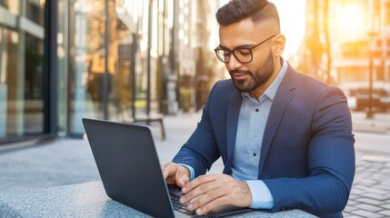 Poster - Professional man working on laptop outdoors in urban setting during sunset, focused and engaged