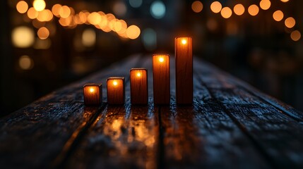 Poster - Wooden blocks symbolizing growth on a dark table with bokeh lights in the background