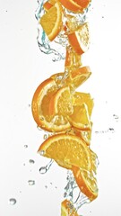 Fototapete - Super Slow Motion of Flying Orange Slices in Water Splashes, White Background. Filmed on High Speed Cinema Camera, 1000 fps. Vertical Aspect Ratio.