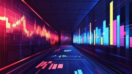 Poster - Futuristic data tunnel, digital graphs, vibrant colors, stock market. Use for stock market concept, modern technology