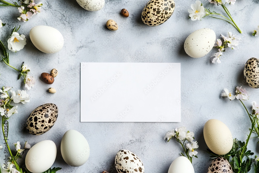 Blank white card with speckled Easter eggs and cherry blossoms ...