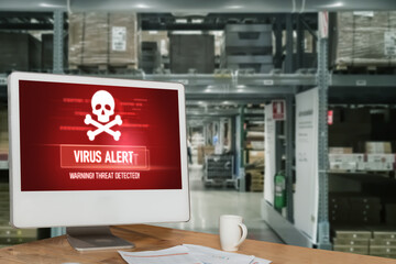 Poster - virus warning alert on computer screen detected modish cyber threat , hacker, computer virus and mal