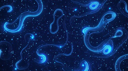 A blue neon pattern of simple circles and wavy lines on a dark background
