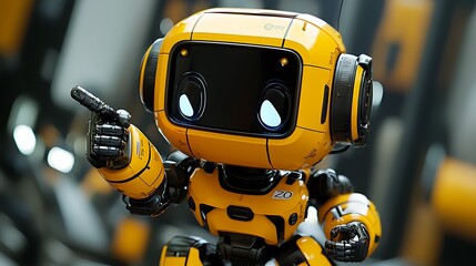 Poster - Yellow robot points with its finger indoors with industrial background