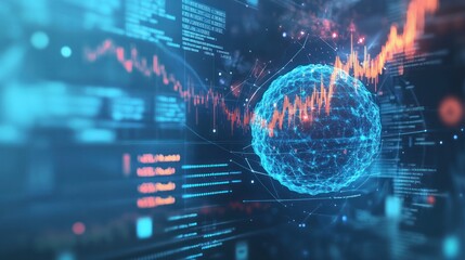 Poster - Abstract digital sphere over code and graphs. Stock photo of technology and data analysis