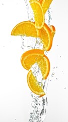 Fototapete - Super Slow Motion of Flying Orange Slices in Water Splashes, White Background. Filmed on High Speed Cinema Camera, 1000 fps. Vertical Aspect Ratio.