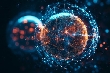 Poster - Abstract Digital Globe Network Connections Futuristic Technology Orange Blue Glowing Lines Points Digital Art Background Modern Design Illustration   