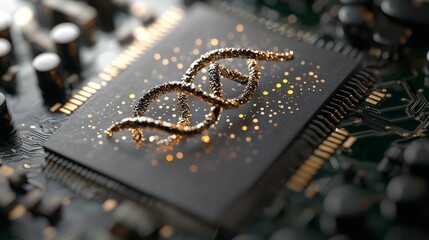 Poster - Emerging from a microchip, a futuristic digital DNA helix is enveloped by binary code and luminous circuits, representing the advancements in biotechnology and genetic engineering