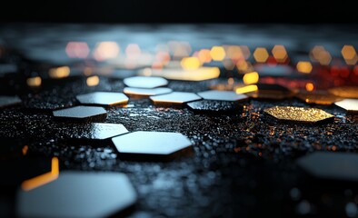 Poster - The image depicts a futuristic 3D scene of hexagons, where vibrant colors and neon lights highlight the heated edges, all captured with a shallow depth of field and noticeable bokeh