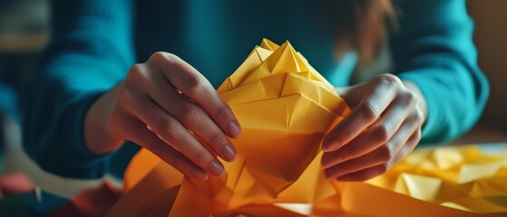 Wall Mural - hands skillfully fold vibrant yellow origami paper, bringing an intricate design to life, embodying 