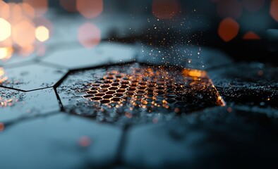 Poster - In a futuristic 3D illustration, a field of hexagons is depicted with a future computer and objects that have edges that burn and glow, set against a shallow depth of field with a bokeh effect