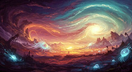 Wall Mural - ai-generated vibrant fantasy landscape with glowing jellyfish-like creatures under a swirling sky