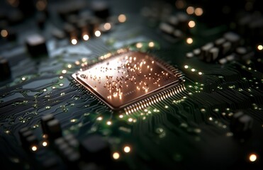 Poster - A futuristic glowing CPU processor representing quantum and machine learning computing concepts in a 3D illustration