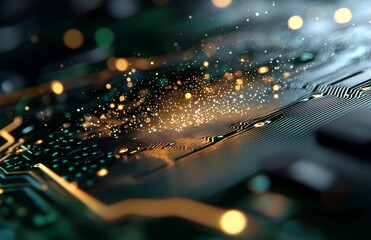 Poster - The concept of quantum and machine learning computing is depicted in a 3D illustration of a futuristic glowing CPU processor