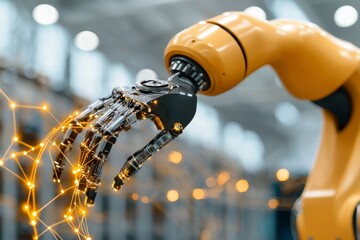 Poster - Robotic arms with a semiconductor manufacturing chipset are depicted in a 3D rendering