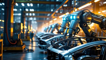Poster - advanced robotic arms assembling car frames in a high-tech factory environment with dynamic lighting