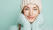 © Alla Bondaruk - smiling woman in winter clothes, pastel colors, advertising winter goods, winter sales