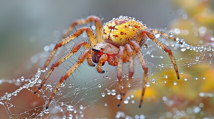 A spider sitting on top of a web covered in water droplets
