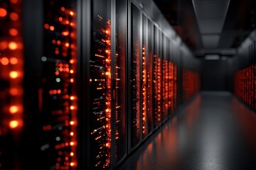 Poster - A data center houses a computer, while a cloud computing service operates on a vast server farm, emphasizing cybersecurity, especially at night with neon lights, within the realm of cyberspace and