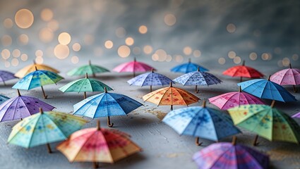 Poster - Colorful miniature umbrellas arranged on a textured surface with soft bokeh lights in the background during evening hours