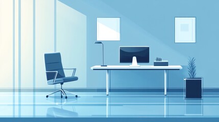 Poster - Modern office workspace, sunlit room, minimalist design, productivity, vector illustration