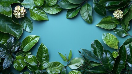 green leaves and flowers on a blue background