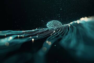 Poster - A digital interface concept for science, research, and technology is depicted with a blue human brain layout on a dark background with circuitry, symbolizing high-tech and digitalization, in a 3D
