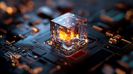 Poster - The concept of quantum information processing involves AI and quantum computing for advanced data processing, featuring a central processing unit depicted as a glowing 3D CPU, along with