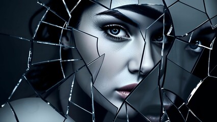Wall Mural - ai-generated artistic portrait of a woman's face reflected in broken glass
