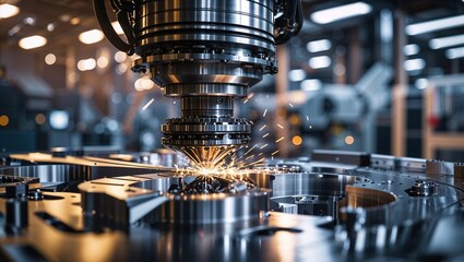 Poster - Precision machining process in a modern manufacturing facility during daylight hours with sparks flying