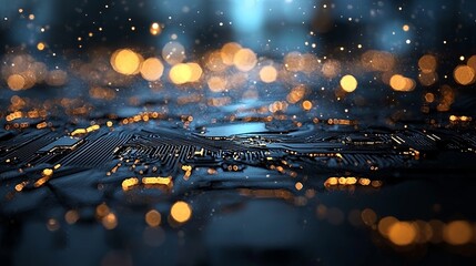 Poster - Illuminated fiber optic connections and a quantum computing network system form an abstract tech background with electronic global intelligence