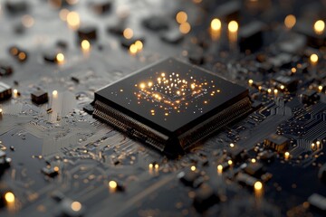 Poster - A computer system's abstract technological background features a processor and electronic circuit, along with artificial neurons, data connections, and quantum computing
