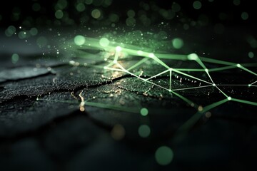 Poster - The concept of atomic science and quantum computing is illustrated through an image of glowing green atomic molecules surrounded by mesh on a dark background