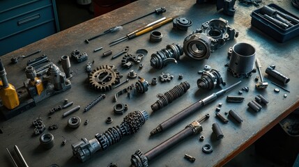 Poster - A Collection Of Mechanical Parts Arranged On A Workshop Table