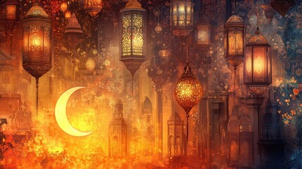 Poster - Illuminated lanterns and a crescent moon in a dreamlike setting