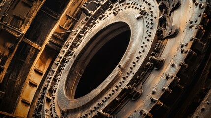 Poster - A close up shot shows industrial machinery components and metal
